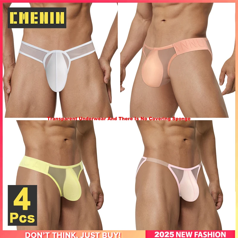 Cmenin 4 pçs sexy roupa interior masculina malha transparente cuecas masculinas ultra-fino respirável gays homem biquíni breve troncos