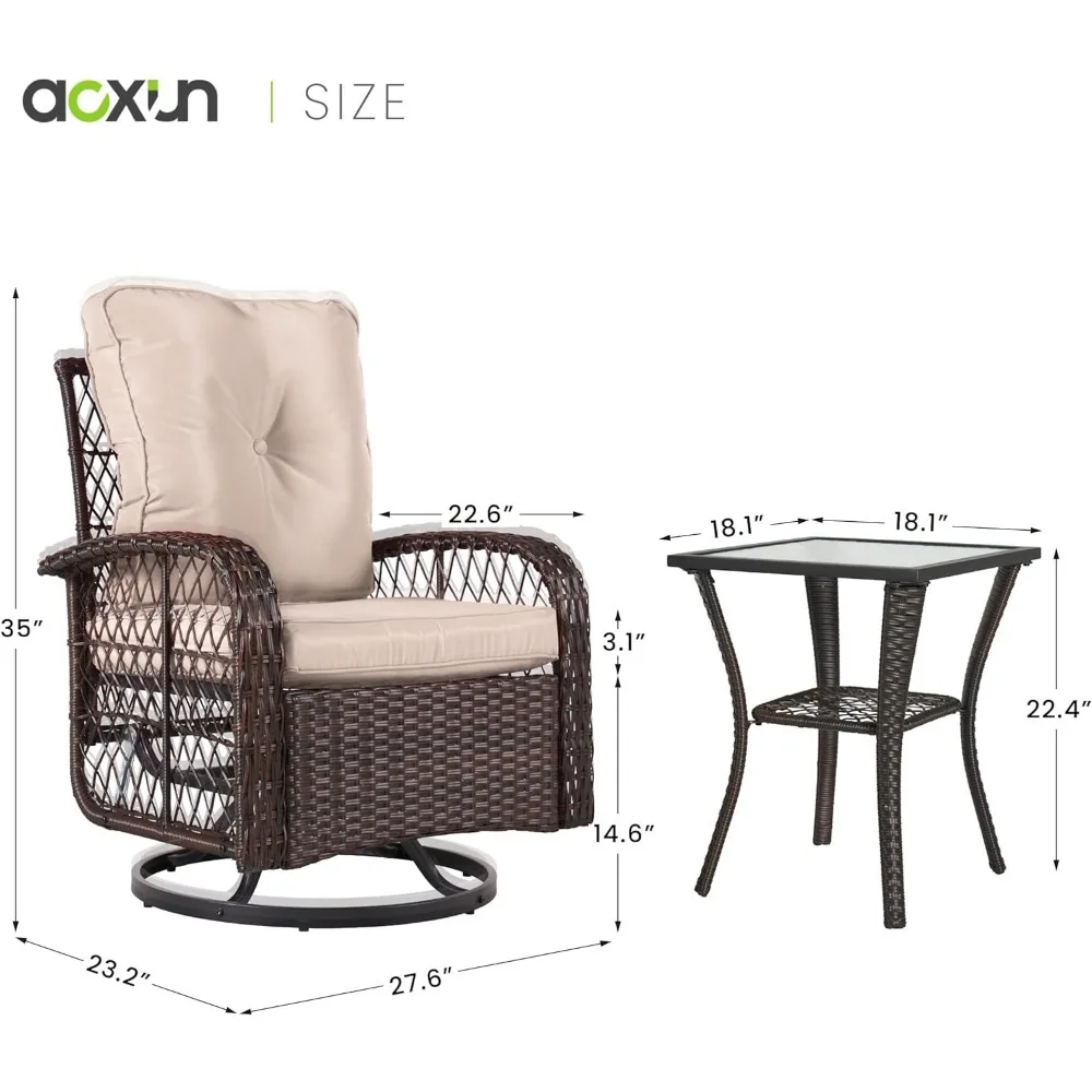 3 Pieces Outdoor Swivel Rocker Chair Set of 2 with Small Side Table Wicker Rattan Patio Furniture Set Outdoor Rocking Chair