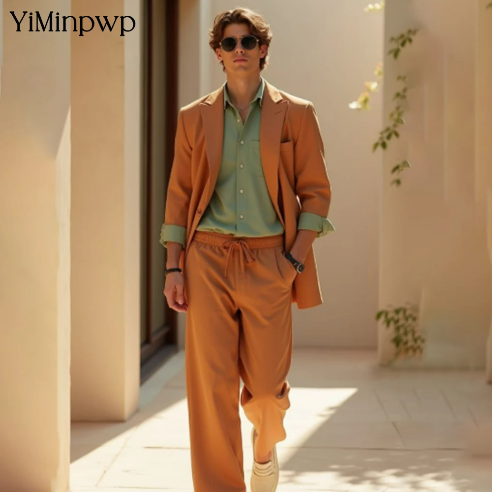 YiMinpwp البرتقال الرجال البدلة 2 قطع الكتان الحد الأدنى ملابس السفر فضفاضة زي المتضخم رداء غير رسمية للرجال دعوى XS-5XL