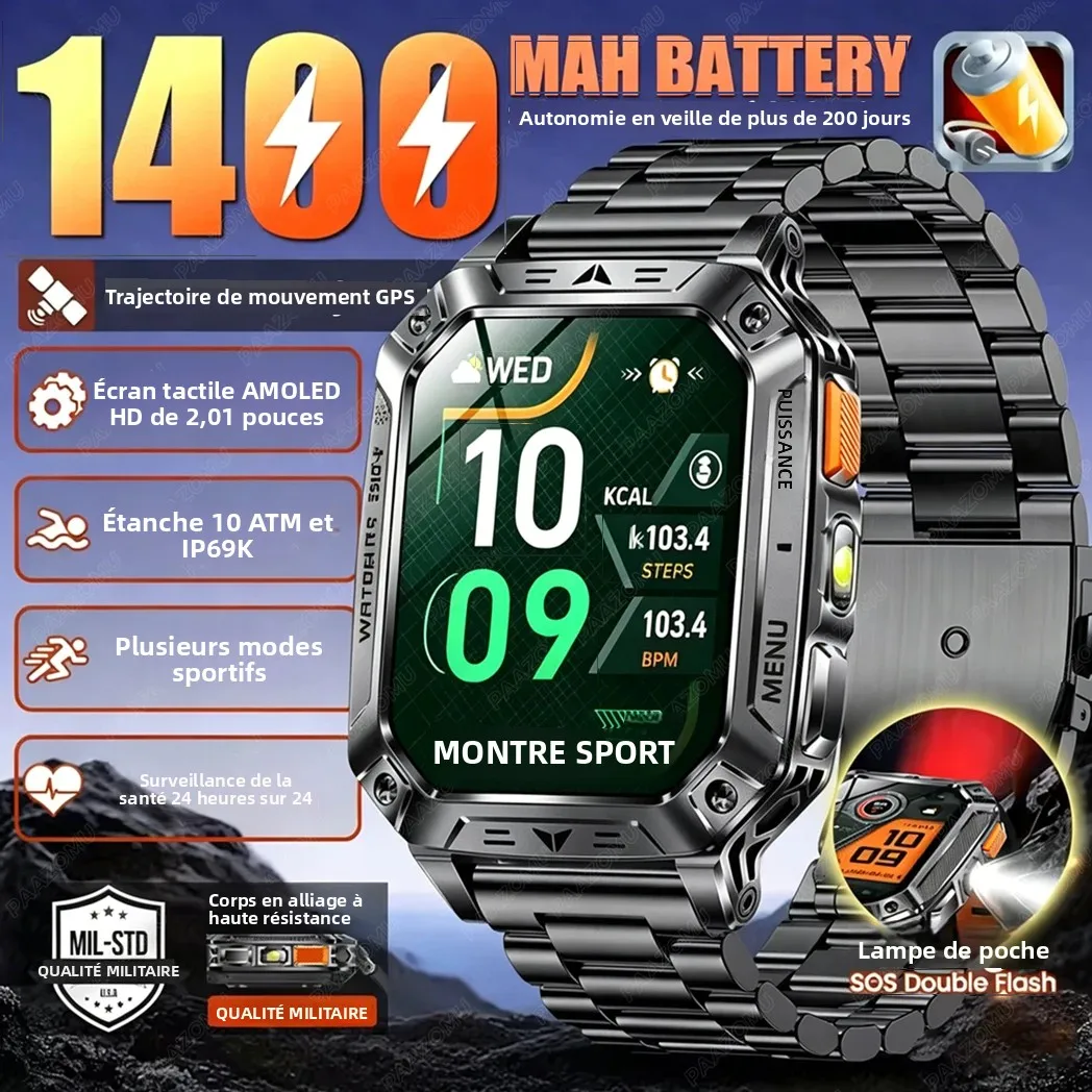 Nouvelle montre connectée pour homme 2026 avec batterie intégrée super grande capacité 1400 mAh, GPS extérieur, écran AMOLED 2,01 pouces, étanche 10 ATM, appels Bluetooth