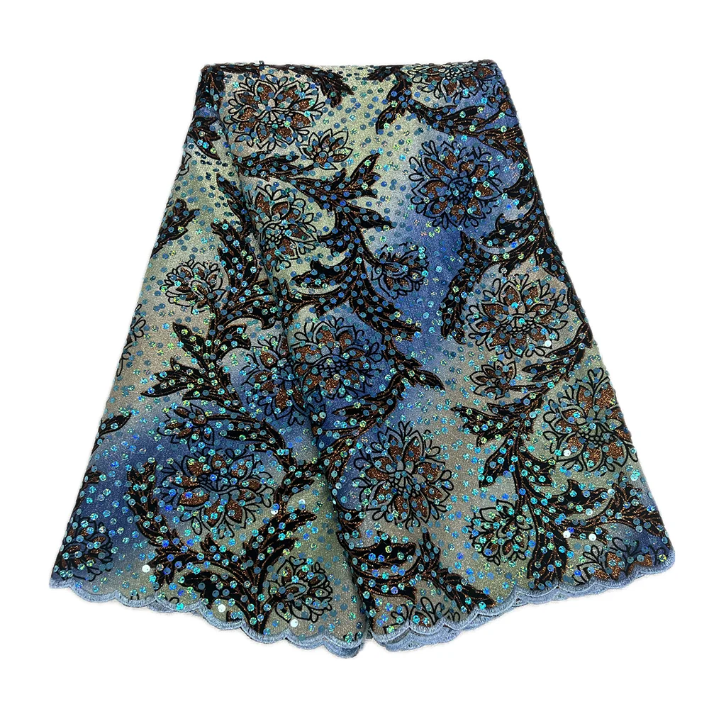 

Luxury Latest Flocking Printed Lace Fabric With Sequins Party 5 Yards Gilding Lace Sew Wedding Evening Dresses Women Velvet Lace