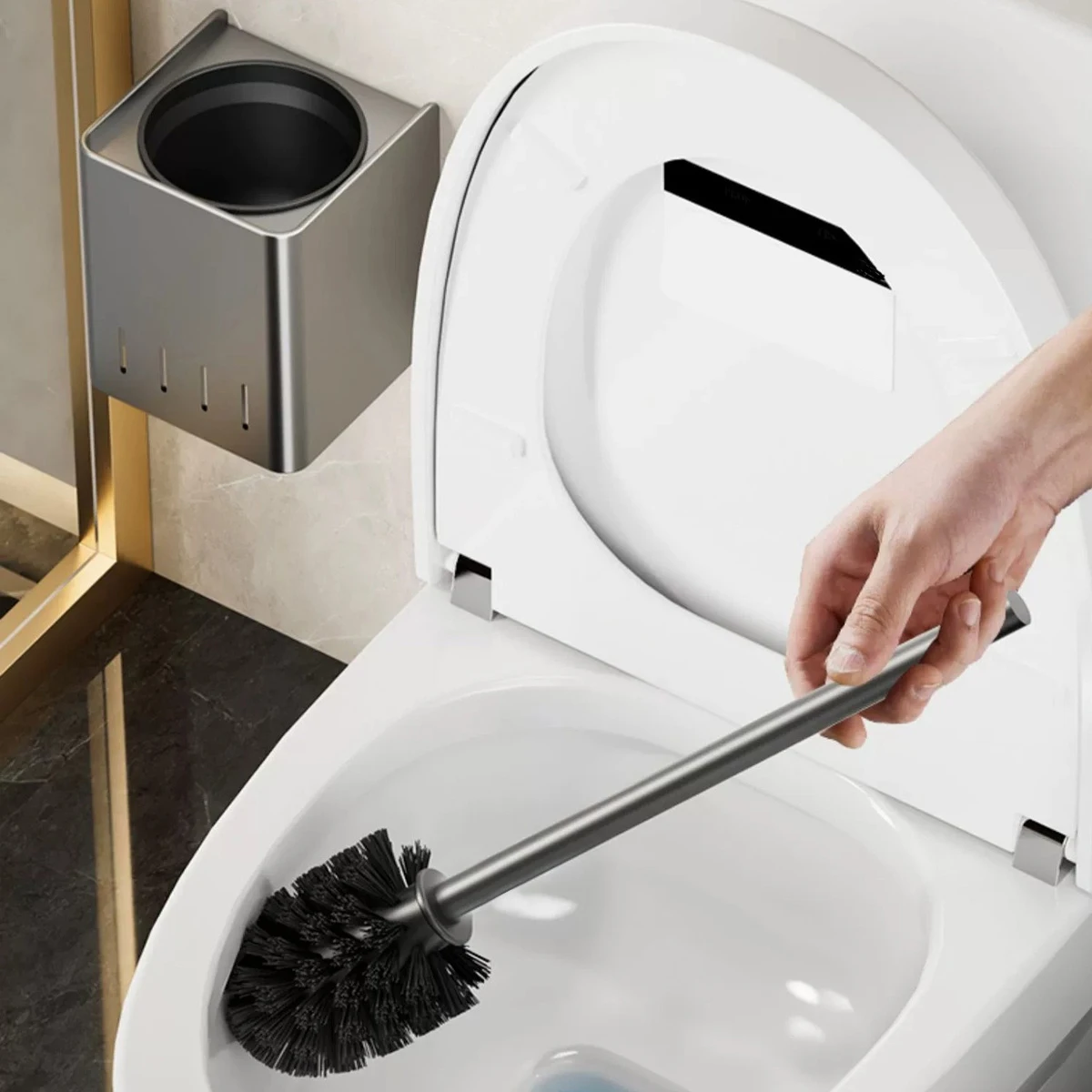 Compact Toilet Brush & Holder Aluminum Handle Space Saving for Storage Deep Cleaning Drip-Proof Easy to Assemble NO Drilling