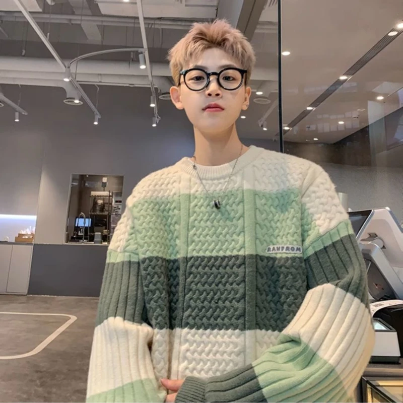 HK Style Couple Sweaters for Men Winter Color Match Heavyweight Warm Chunky Knit Loose Fit Youth Student Relaxed Premium Design