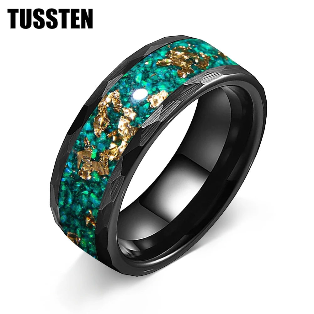 

TUSSTEN 8mm Engagement Wedding Band for Men Women Gold Foil and Opal Chip Inlay Black Hammered Tungsten Carbide Ring