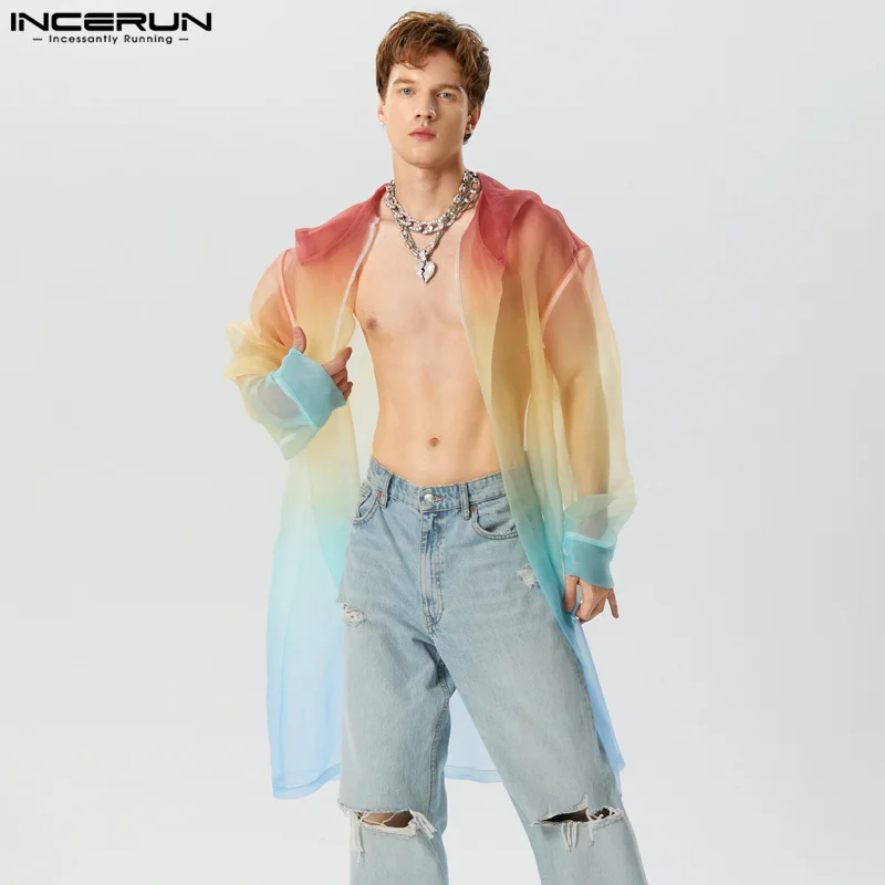 American Style Handsome New Men Gradient Mesh Hooded Cardigan Trench Casual Sexy Male Hot Selling Trench S-5XL INCERUN Tops 2023