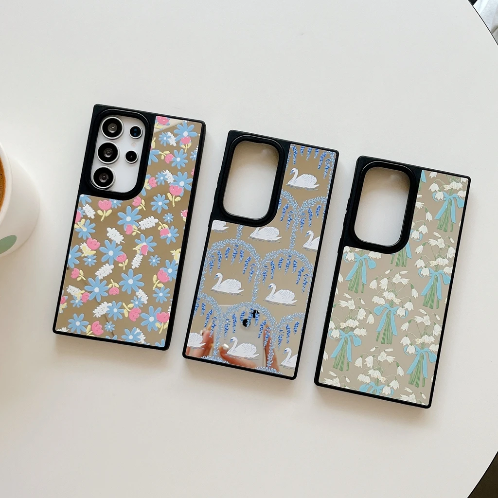 เคสโทรศัพท์กันกระแทก ลายดอกไม้สีสันโรแมนติก หงษ์ขาว สำหรับ Samsung Galaxy S23 S24 S25 Plus Ultra