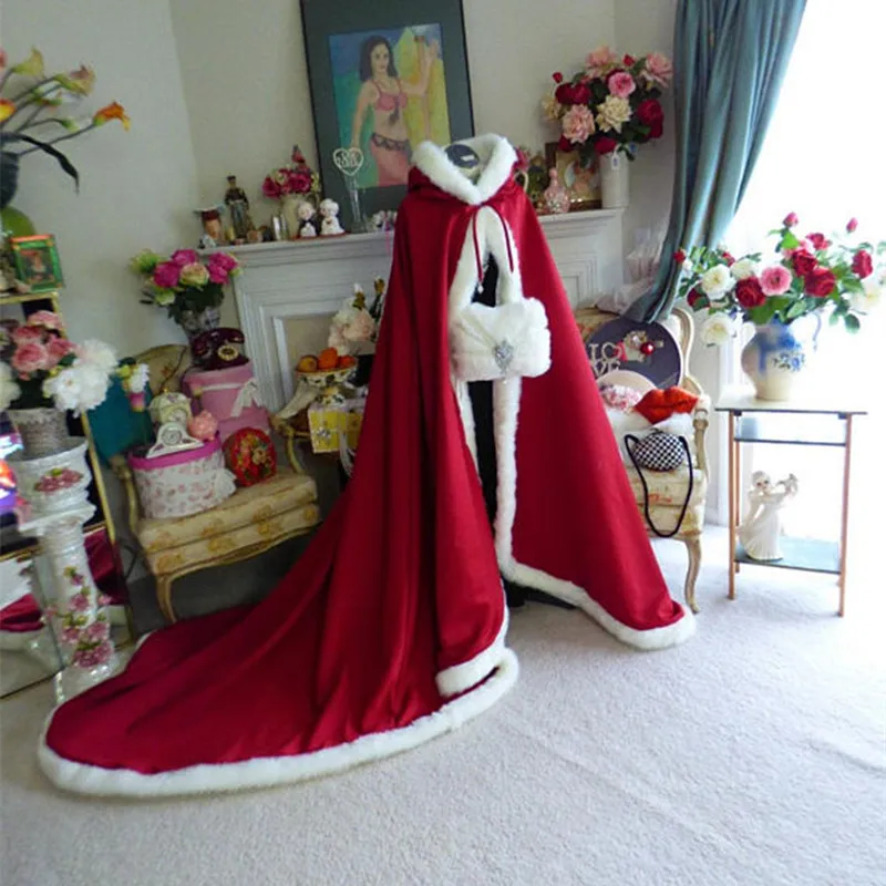 Valentine Bridal Cape 88 Inches Long Satin Wedding Cloak with Fur Trim Handmade