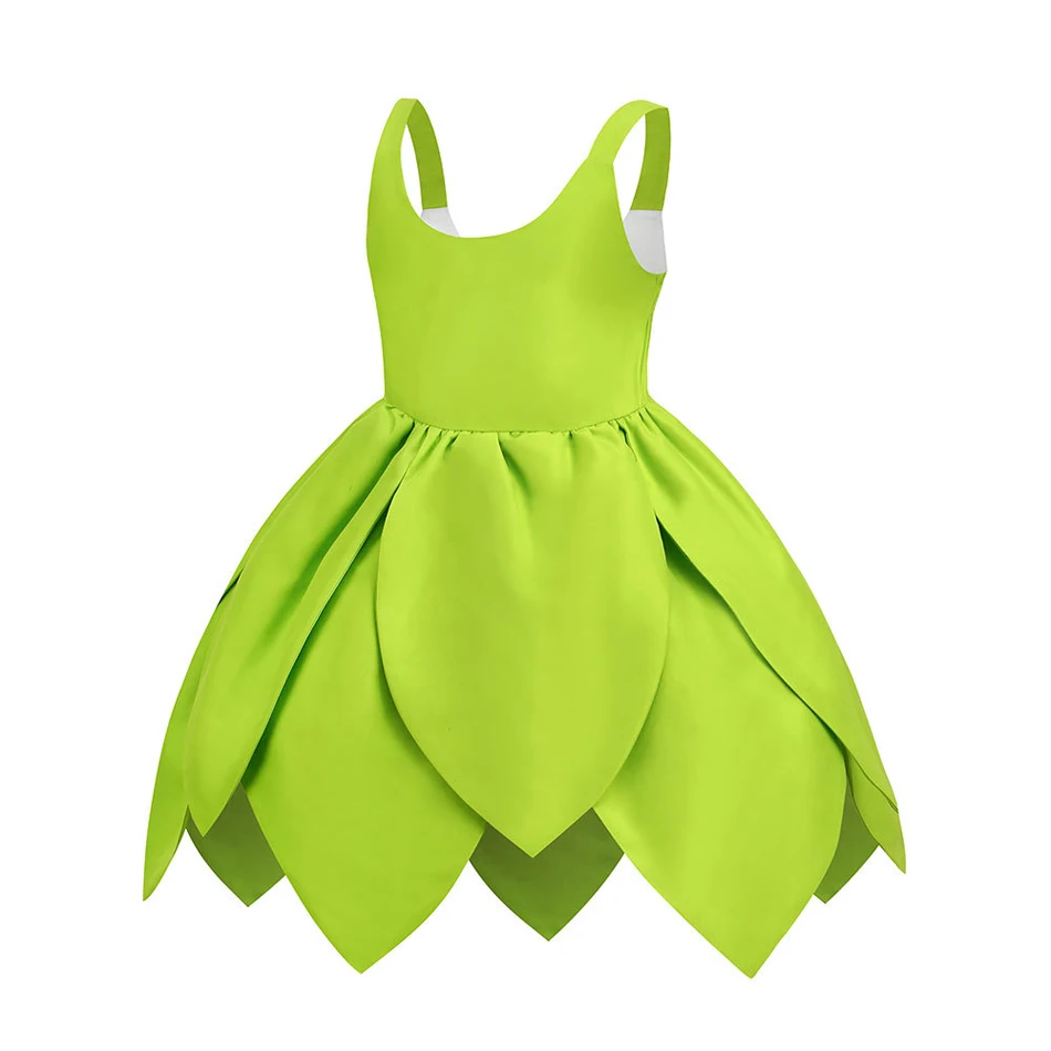 Girls Green Leaf Fairy Dress with Wings Set Kids Tinker Bell Inspired Costume for Halloween Birthday Party Photo Shoot Clothes