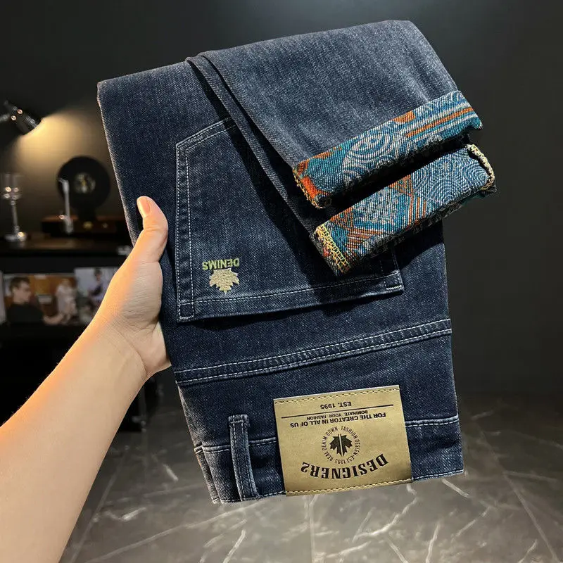 

Fall Winter Men's Casual Straight Leg Jeans Sli Loose Fit Comfortable Cotton Wear Resistant Zipper Decoration mid Waist