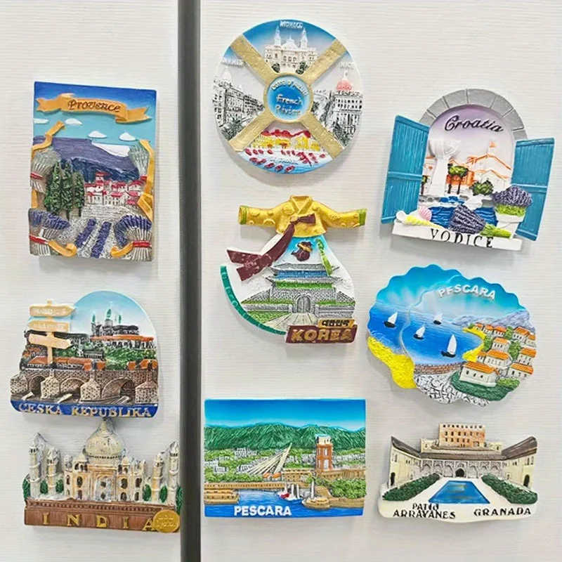 1pc Tourist Souvenirs Fridge Magnet Czech Republic Pescara India Croatia Alhambra French Decoration Resin Refrigerator Sticker