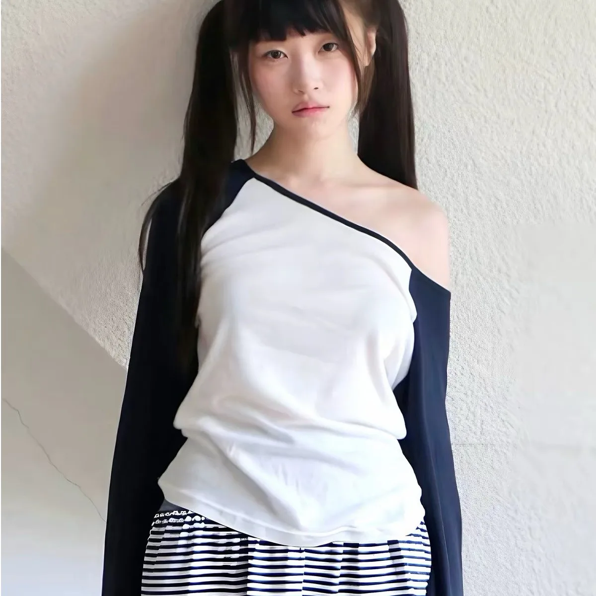 Retro Academic Style Long Sleeve Thin  Top Shoulder Insertion Color Block Women's T-shirt Casual Slim Fit Daily Wear
