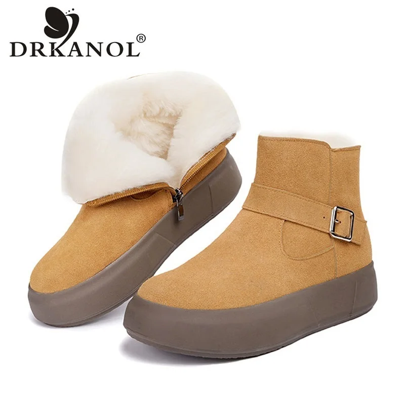 DRKANOL Winter Wool Warm Snow Boots Women Fluffy Fur Shoes Flat Chunky Platform Cow Suede Leather Zipper Shearling Ankle Boots