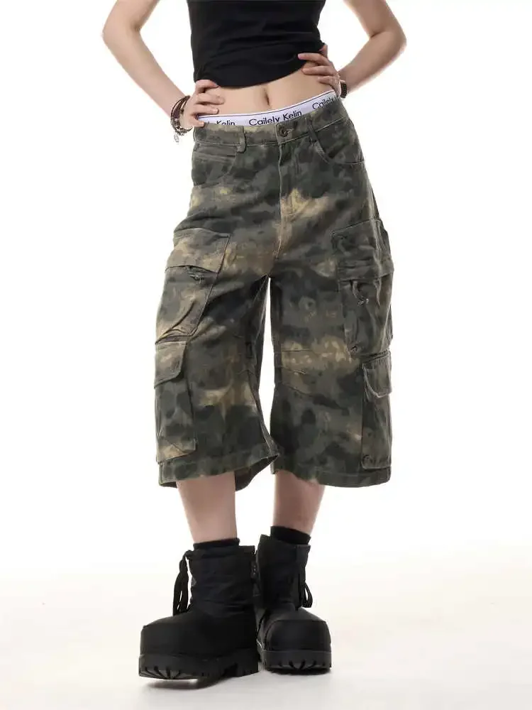 American Camouflage Male Camouflage Shorts Men Women Pleated Wide Leg Loose Three-dimensional Pocket Streetwear Fashion