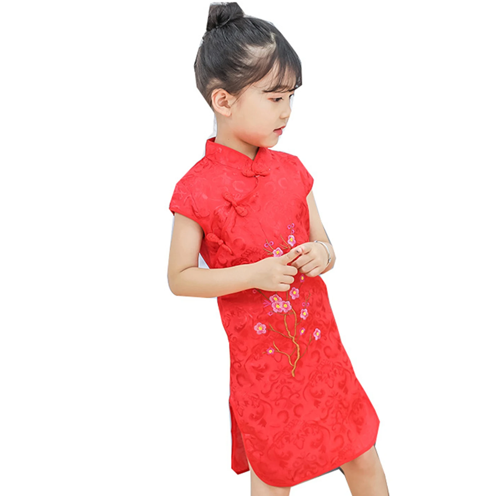 New Year Kids Cheongsam Floral Embroidery Stand Collar Dress for Birthday Princess Party Favor