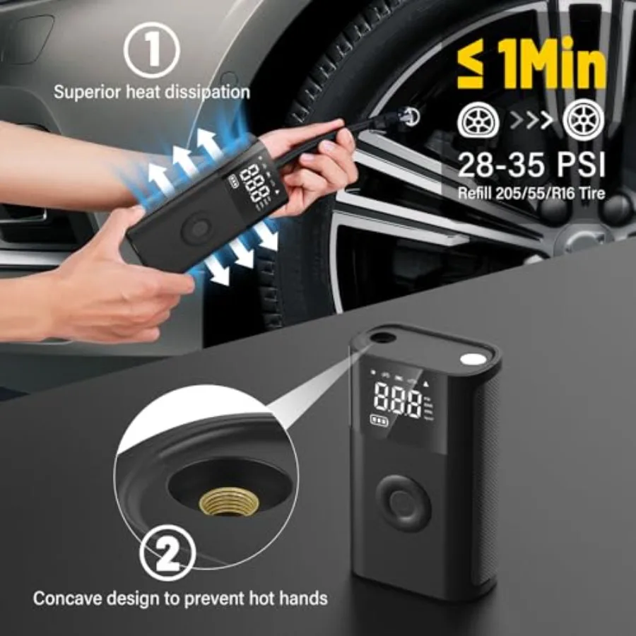 ضاغط هواء محمول 150 رطل لكل بوصة مربعة منفاخ لإطارات السيارة مع 5 أوضاع إضاءة LED إشارة SOS مثالية لإطارات السيارات والدراجات النارية والرياضة B