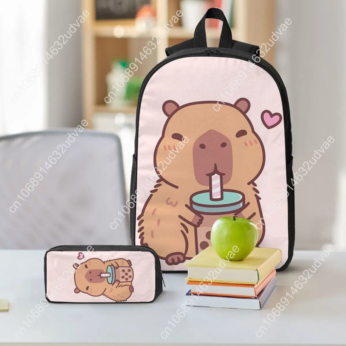 Cute Capybara Loves Drinking Bubble Tea Backpack Student Boys Girls BookBag School Bag 3ps Insulated Lunch Bag Pencil Case