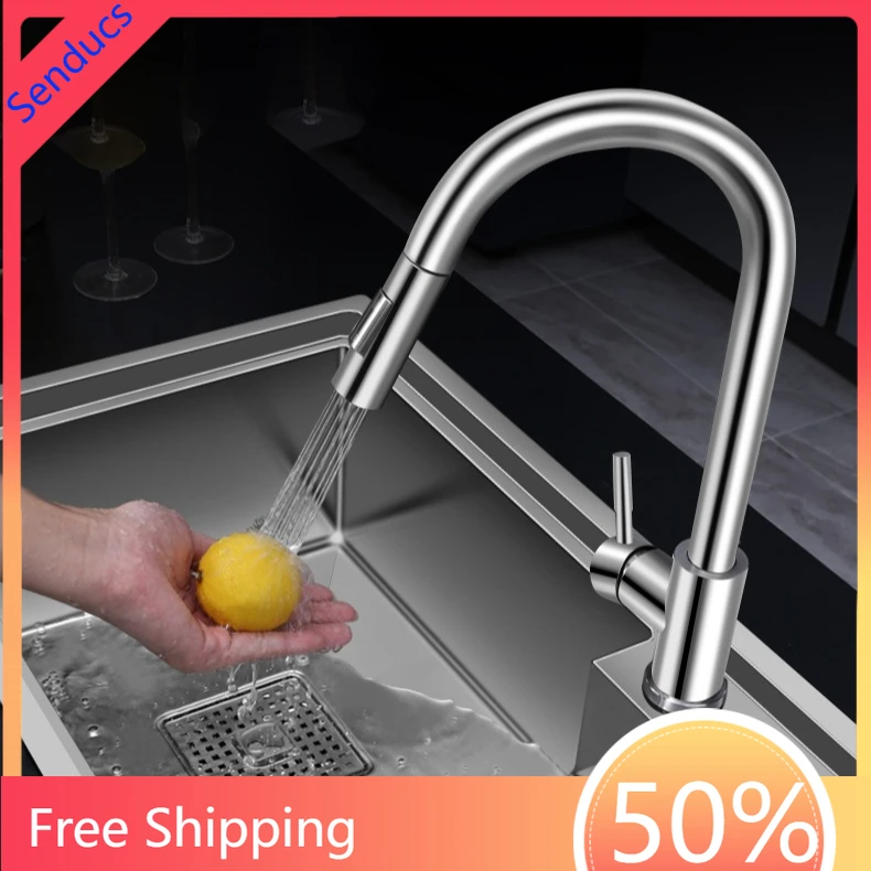 

Brushed Gold Pull Out Kitchen Faucet, Hot & Cold Water Mixer Tap, Deck Mounted Stainless Steel Pull Down Sink Faucet for Kitchen
