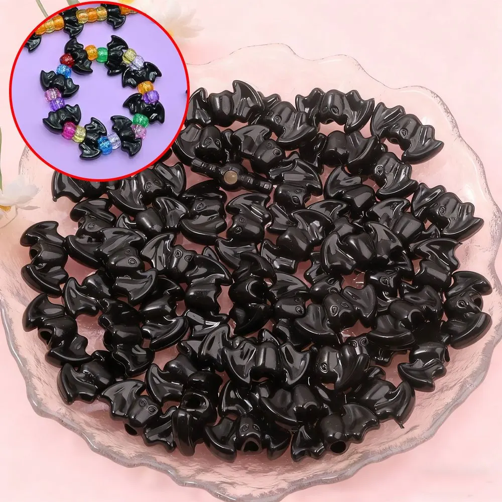 18/64/112pcs Black Acrylic Halloween Bat Beads DIY Bracelets, Necklaces Earrings Party Decorations Backpack Chain Accessories