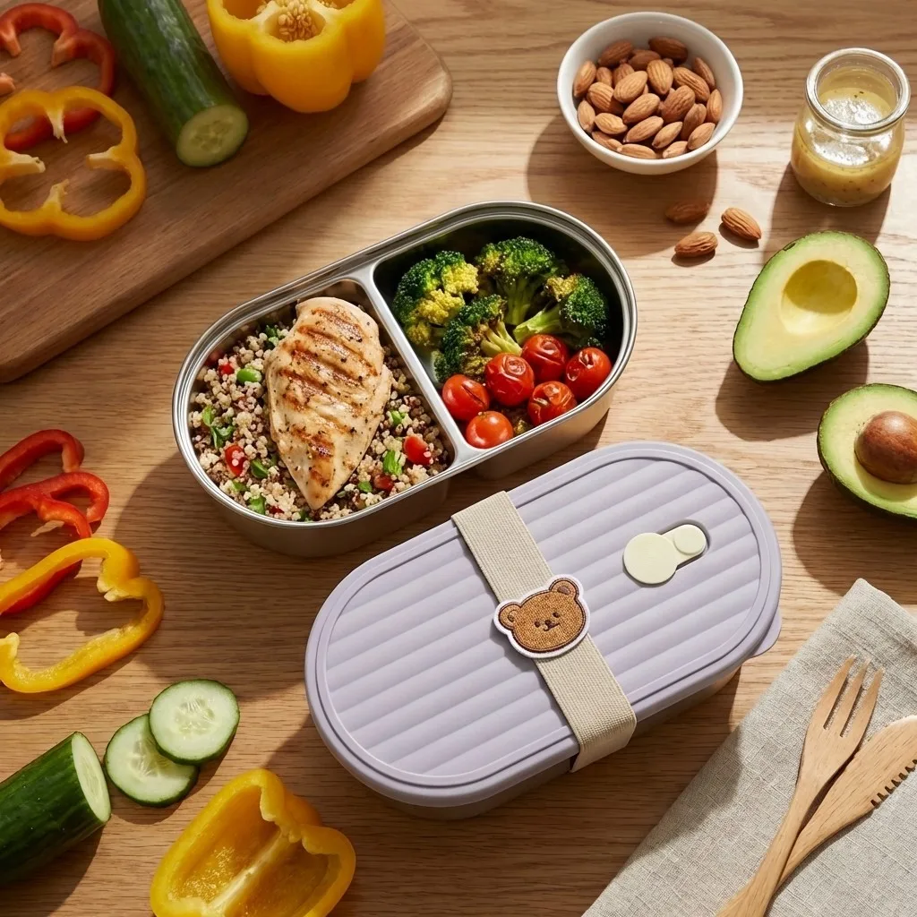 Caja Bento de acero inoxidable 304 con compartimento, apta para microondas, contenedor de alimentos portátil a prueba de fugas de 800ml para niños y estudiantes, 1/2 Uds.