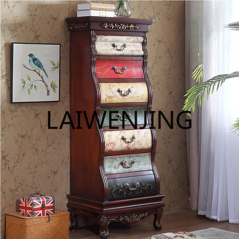 

American Hand Drawn Log Country Retro Distressed Painted Multi-Layer Chest of Drawers against the Wall with Curio Cabinet