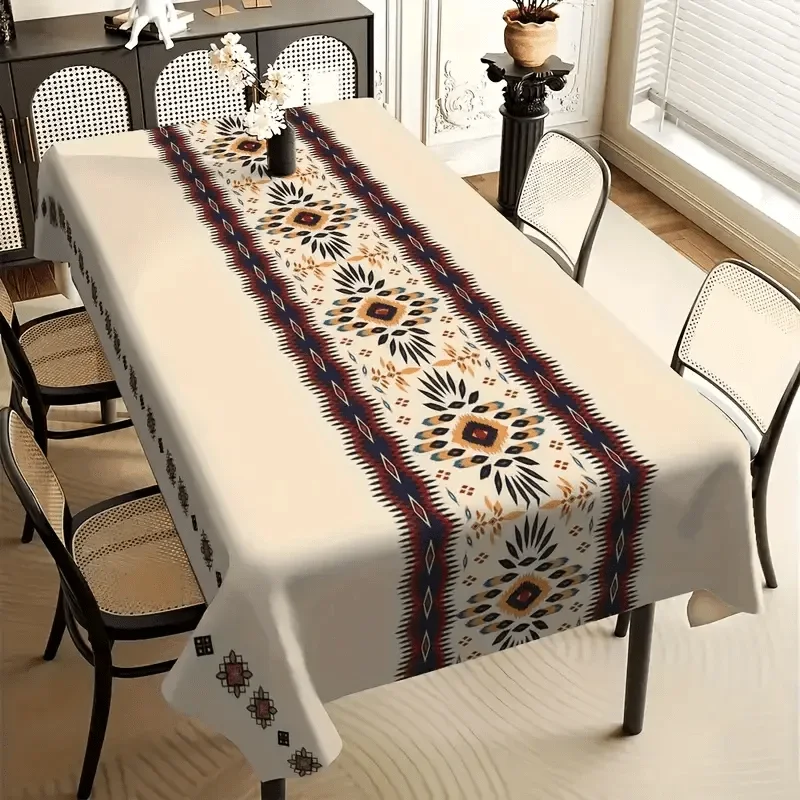 1pc Bohemian Style Tablecloth Cream White Geometric Floral Print Table Cover For Dining Room Kitchen Decorative Dustproof Dustp