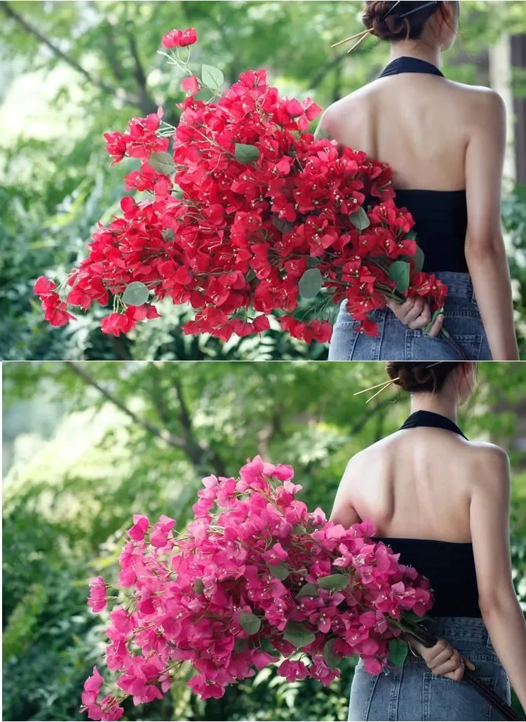 95cm Rayon-Bougainvillea-Zweige Rote Kunstblumen mit Drahtstiel Hochzeitsdekoration 100 Stück – Detail 3