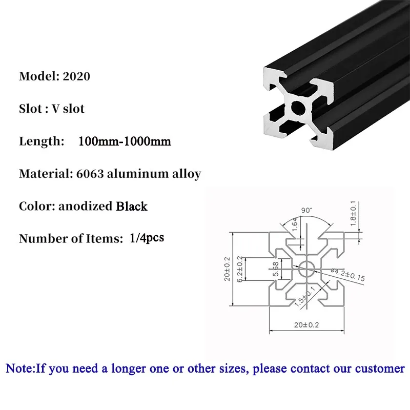 1Pcs 4Pcs 2020 V Slot European Standard Anodized Black Aluminum Extrusion Profile Linear Rail For CNC 3D Printer DIY