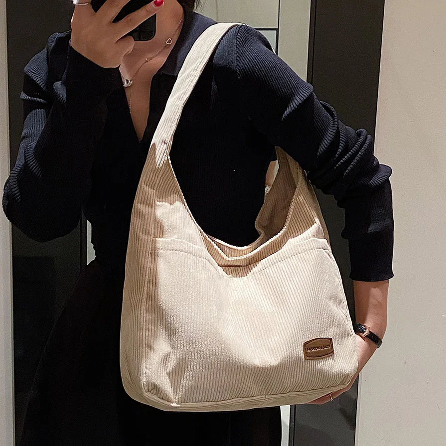 Women's Corduroy Casual Tote Handbags High Quality Large Weekender Bags Japanese Classic Solid Underarm Bag Ladies Shoulder Bags