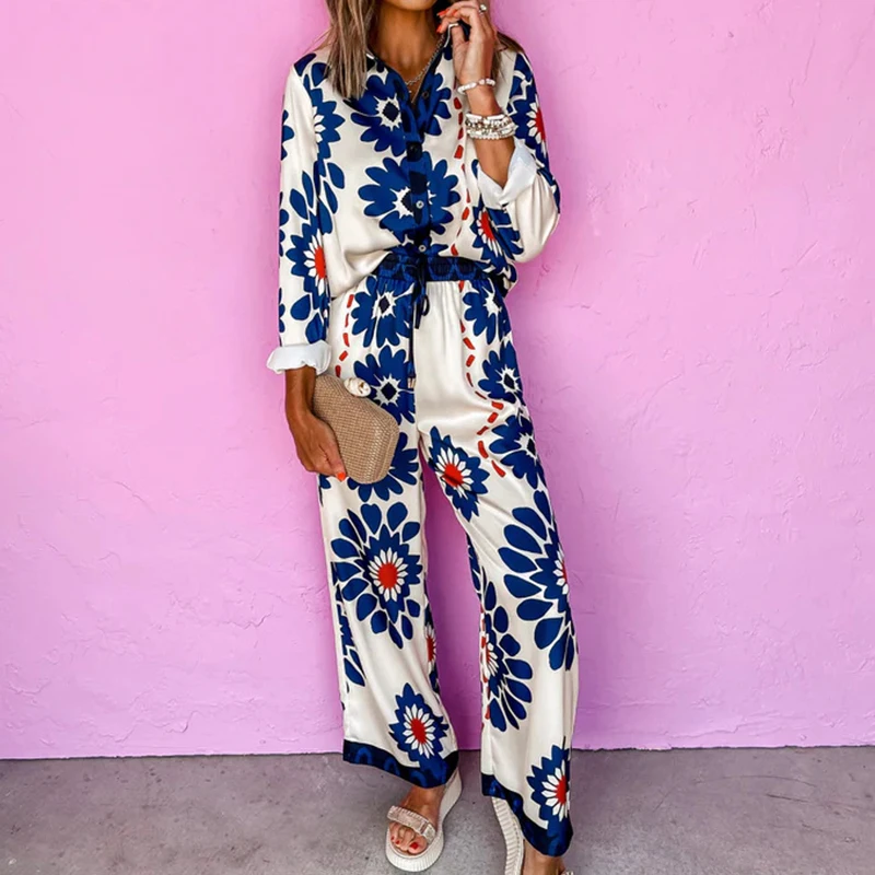 

Fashion Lapel Long Sleeve Shirts & Long Pant Outfits Women Casual Long Sleeve Pocket Loose Suits Elegant Commuter Two Piece Set