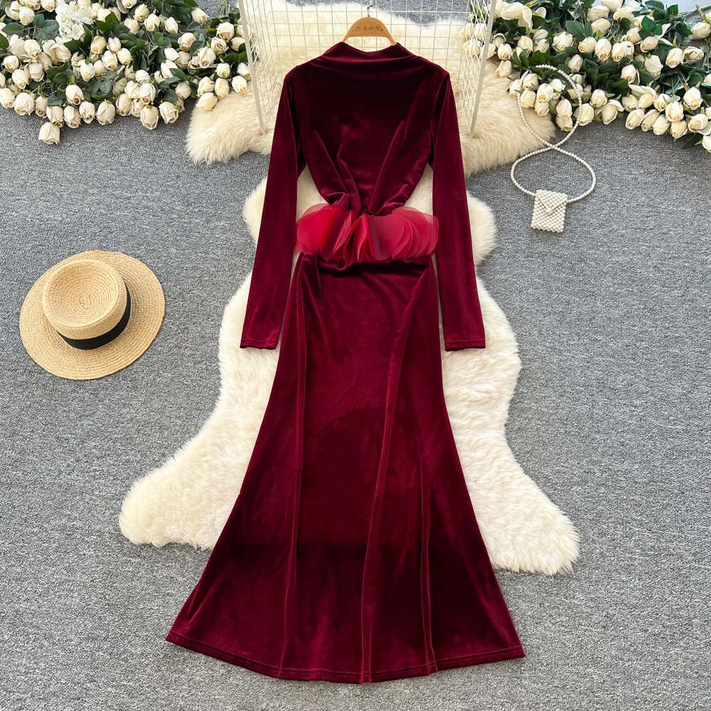 Abito sexy elegante in velluto tridimensionale a maniche lunghe Abiti autunno francese vintage abbigliamento donna