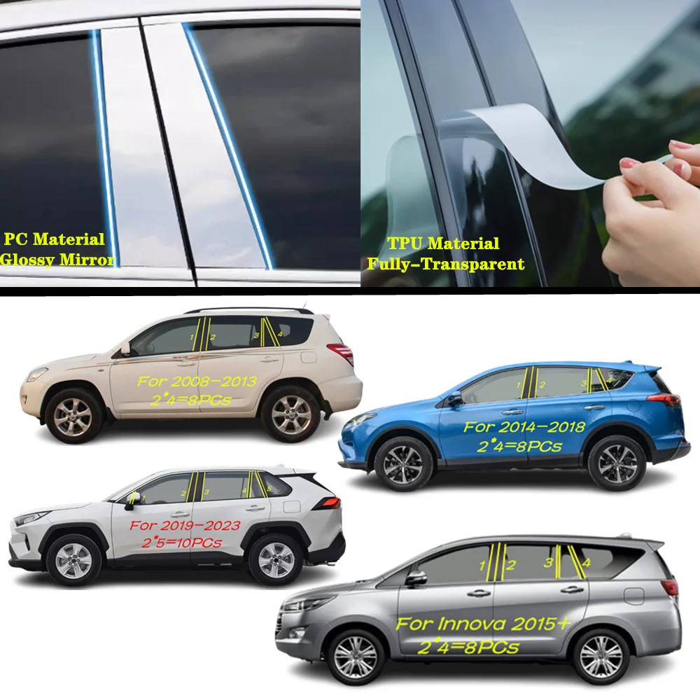 For Toyota RAV4 2008-2023/Innova 2015 2016+ Car TPU/Glossy Mirror Pillar Post Cover Door Trim Window Molding Sticker Accessories