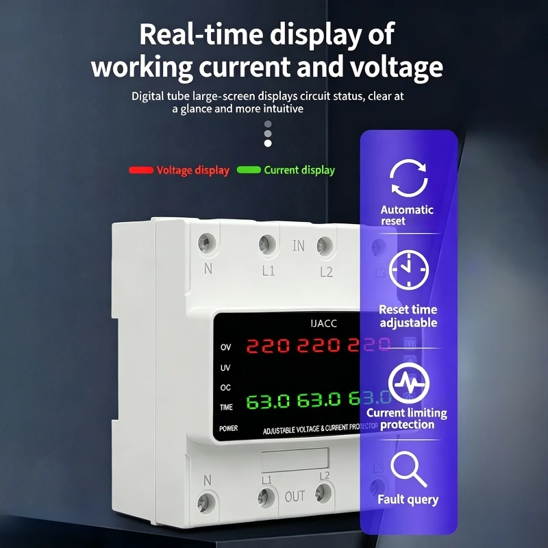 100A/63A 3-Phase 4-Wire Adjustable Voltage Current Protector Over Undervoltage Overcurrent Protection Relay with LED Display