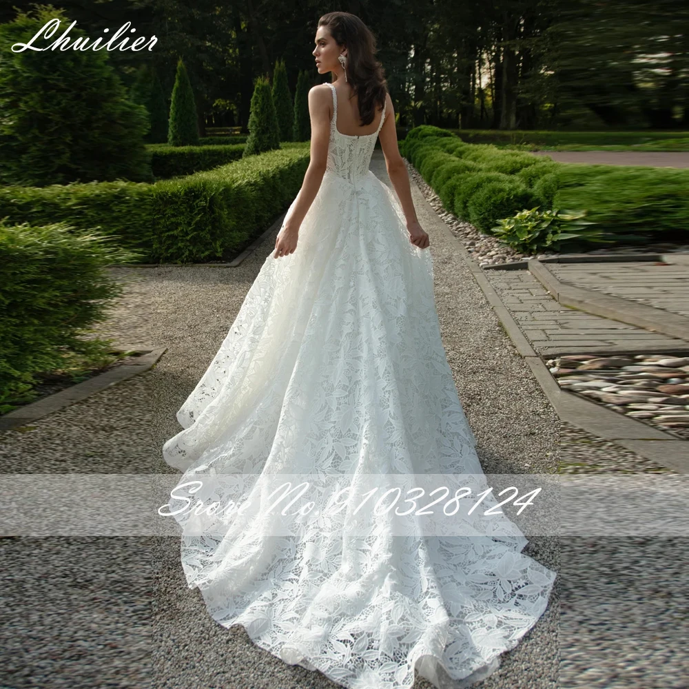 Lhuilier Customized A Line Square Neck Lace Wedding Dresses Sleeveless Beaded Bridal Gowns with Chapel Train