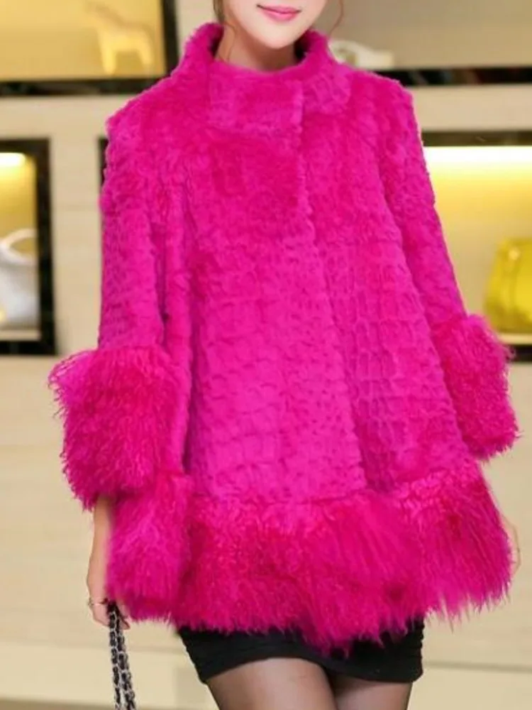 LGRQ Causal Whole Rabbit Fur Furs Tassel Spliced Solid Color Single Breasted High Collar Warm Women's Coat 2024 Winter New 19D46