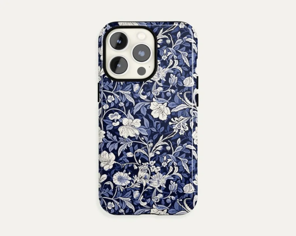 BLUE Vintage Botanical Phone Case For IPHONE 16 15PRO MAX 14 13 12 11 Acrylic TPU Two in one magnetic Phone Cases