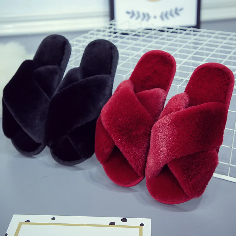 2024 Winter Women Home Indoor Casual Slippers Female Flip Flops Fluffy Shoes Cross Design Slides Ladies Soft Warm Plush Slipper