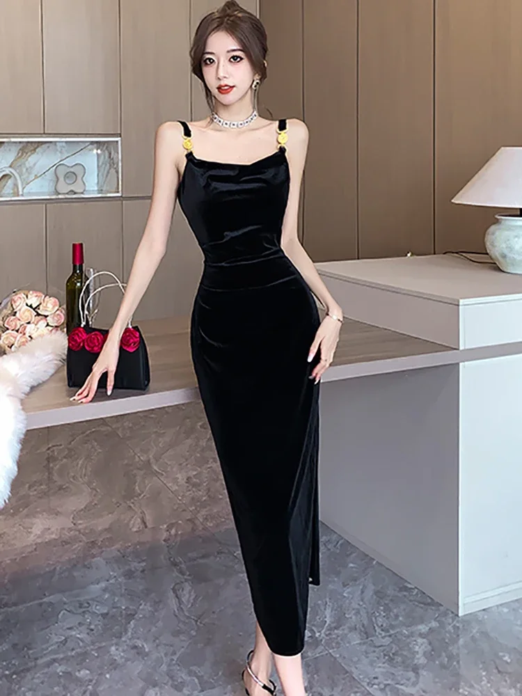 Black Velvet Backless Sexy Sling Slit Long Dress for Women Autumn Winter Elegant Dance Party Dress 2024 Korean Vintage Vestidos