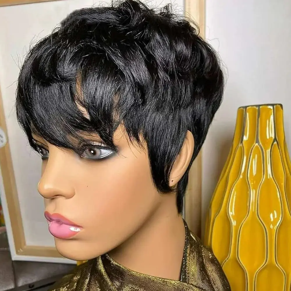 

Натуральный черный парик из натуральных волос Remy с стрижкой пикси, 100% машинное качество, наращивание волос для женщин