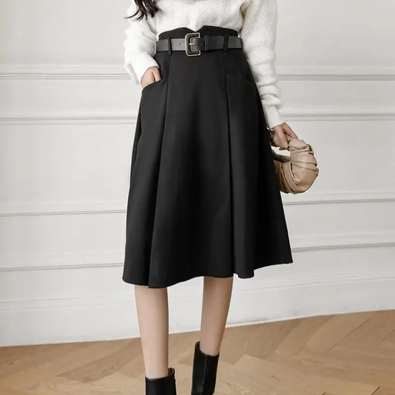 Faldas elegantes de lana acampanadas para mujer, falda larga de cintura alta que combina con todo, estilo coreano, Color sólido, otoño