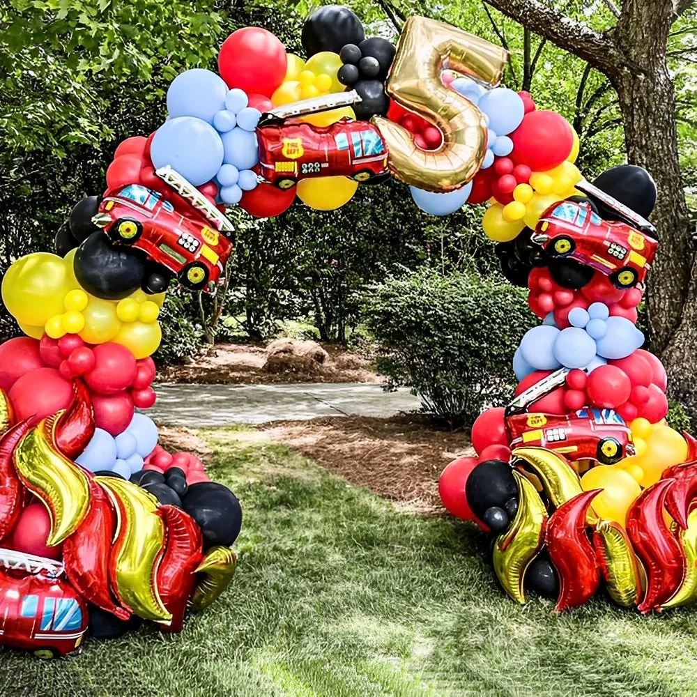 148pcs Fire Truck Balloon Garland Arch Kit Red Orange Yellow Fire Balloons for Boys Kids Firefighter Themed Birthday Party Decor