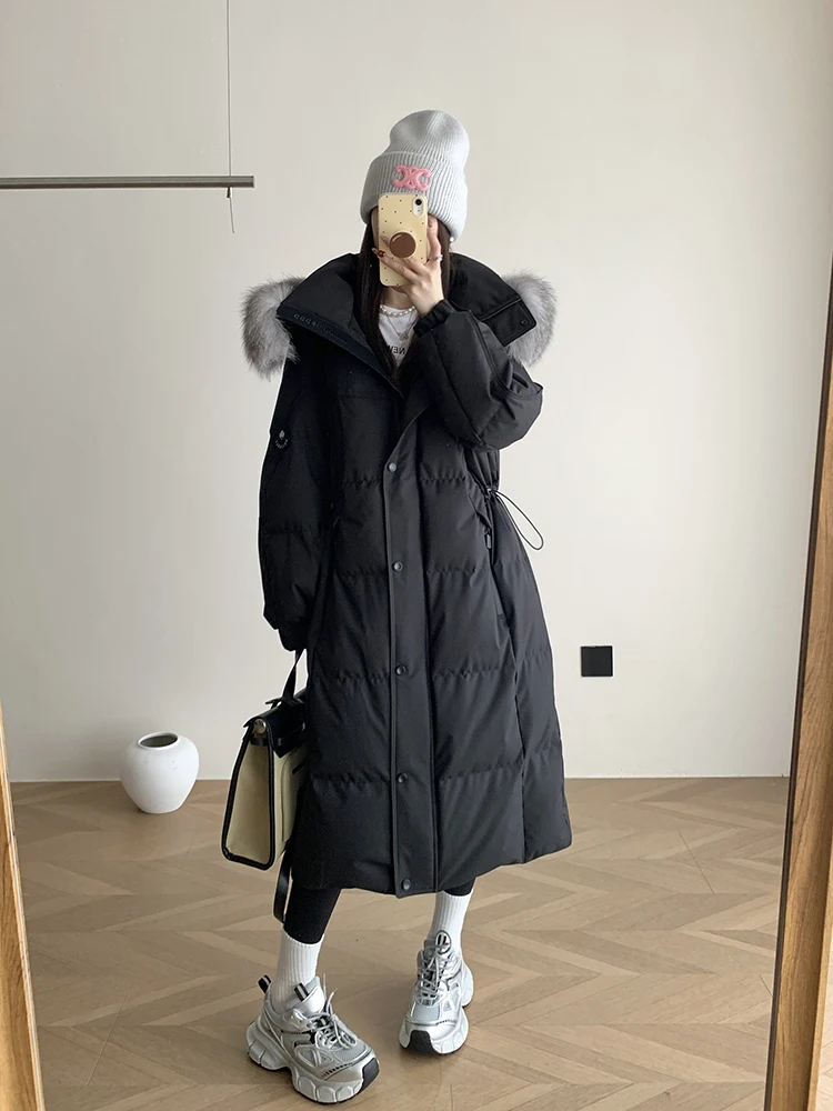 Women Winter Warm Real Natural Silver Fox Fur Collar White Goose Down Jackets Outdoor Puffer Jackets Thick Coat Female Outwear