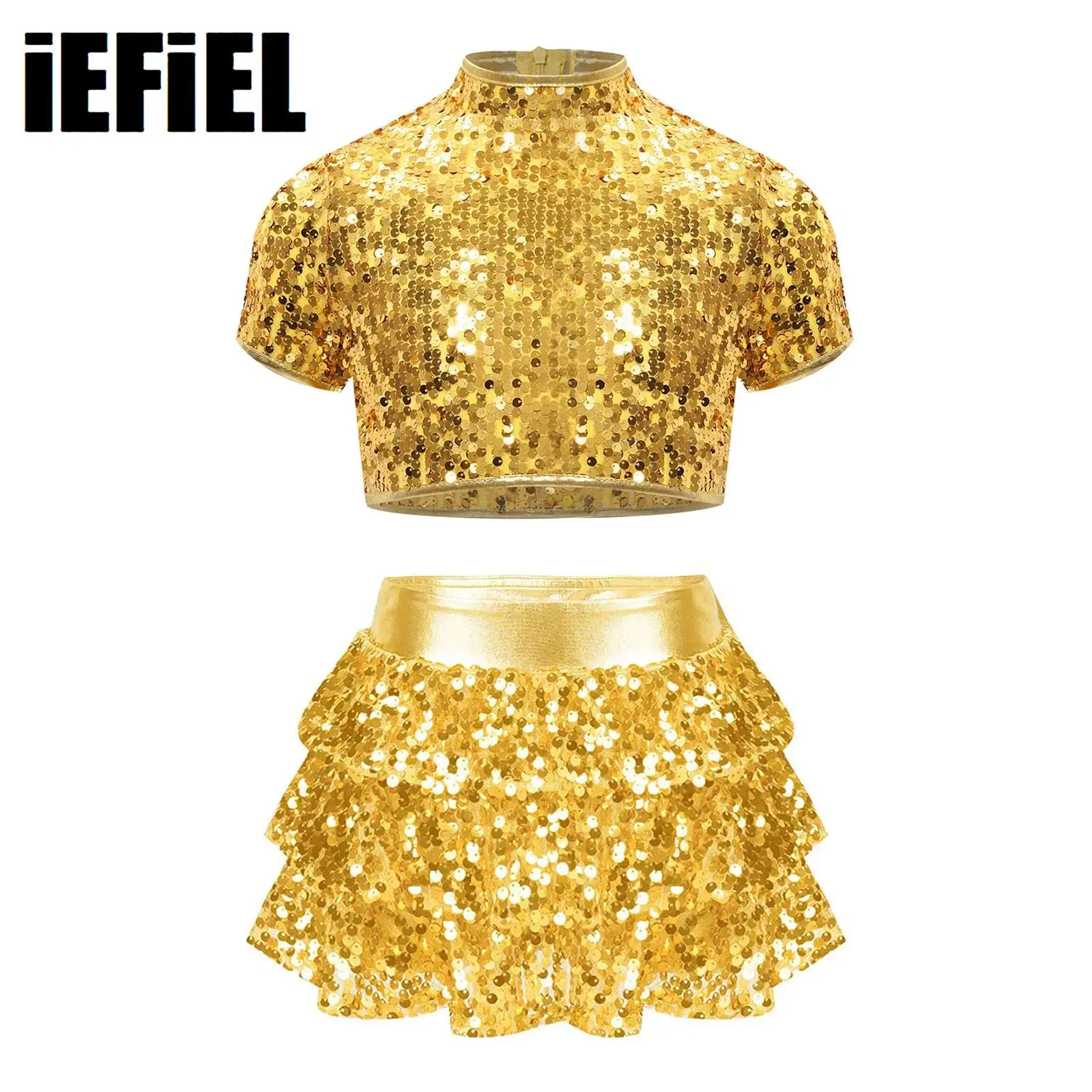 

Kids Girls Jazz Dance Sets Mock Neck Short Sleeve Sparkly Sequins Crop Top with Tiered Ruffle Skirted Shorts Culottes