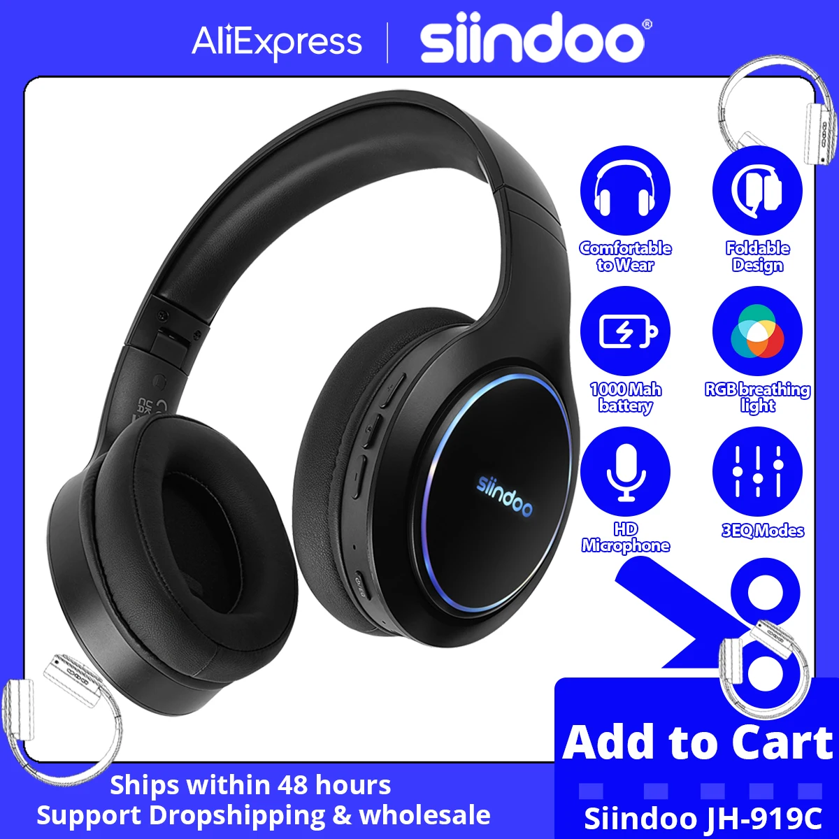 Siindoo RGB lampada cuffie Wireless JH-919C auricolari Stereo Bluetooth pieghevoli modalità audio 3EQ con microfono batteria 1000mAh