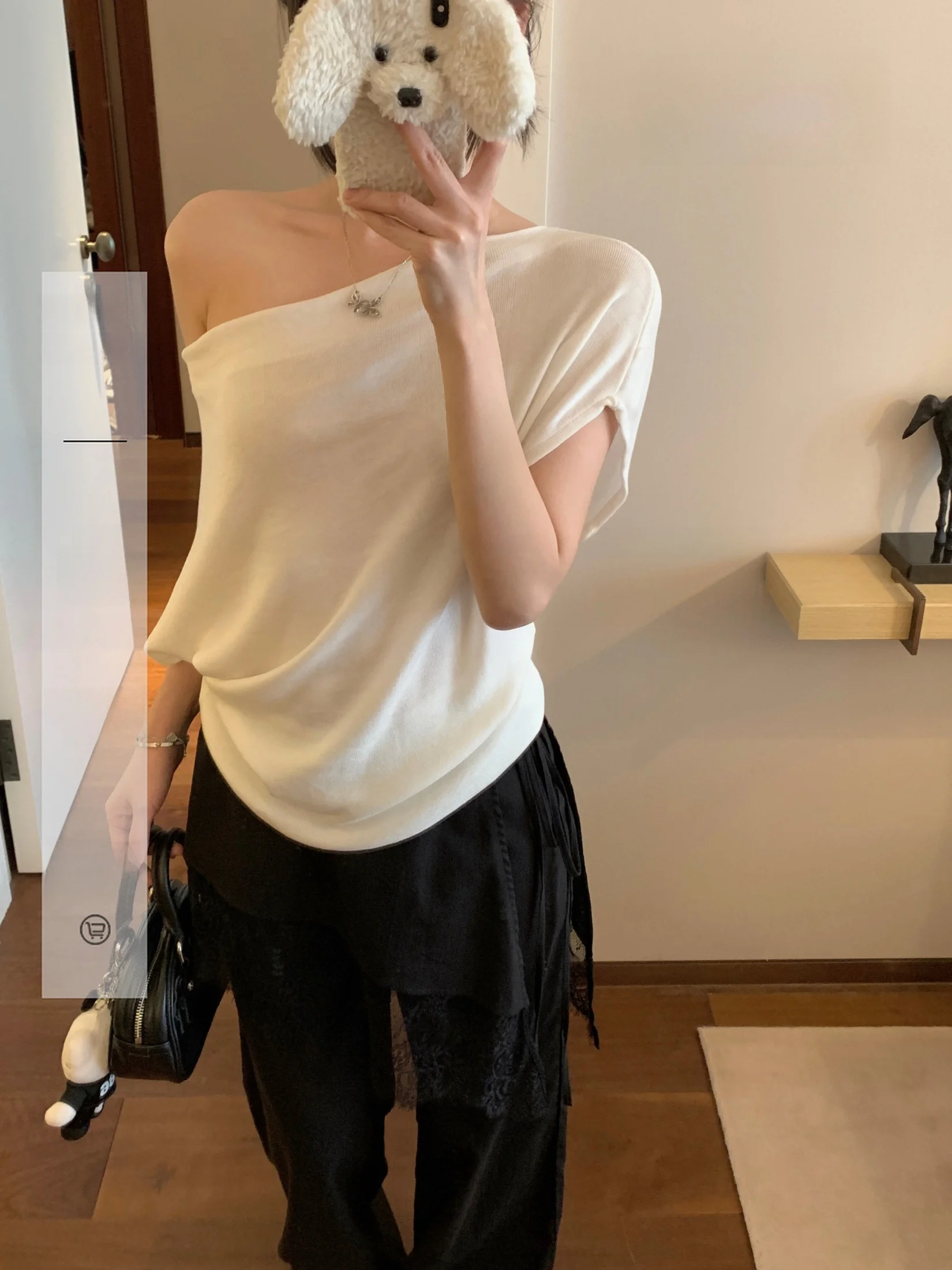 

Ego Studio 00 Days Silk Ice Sensation Smooth One-Shoulder Loose Knit T-shirt Women's Slim Fit round Ne Long Sve