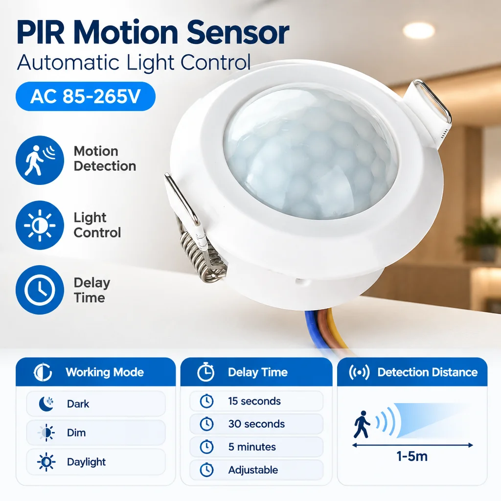 Embedded Infrared Motion Detector AC85-265V 42-45mm Hole Adjustable Light Sensing Time Delay Lamp Controller