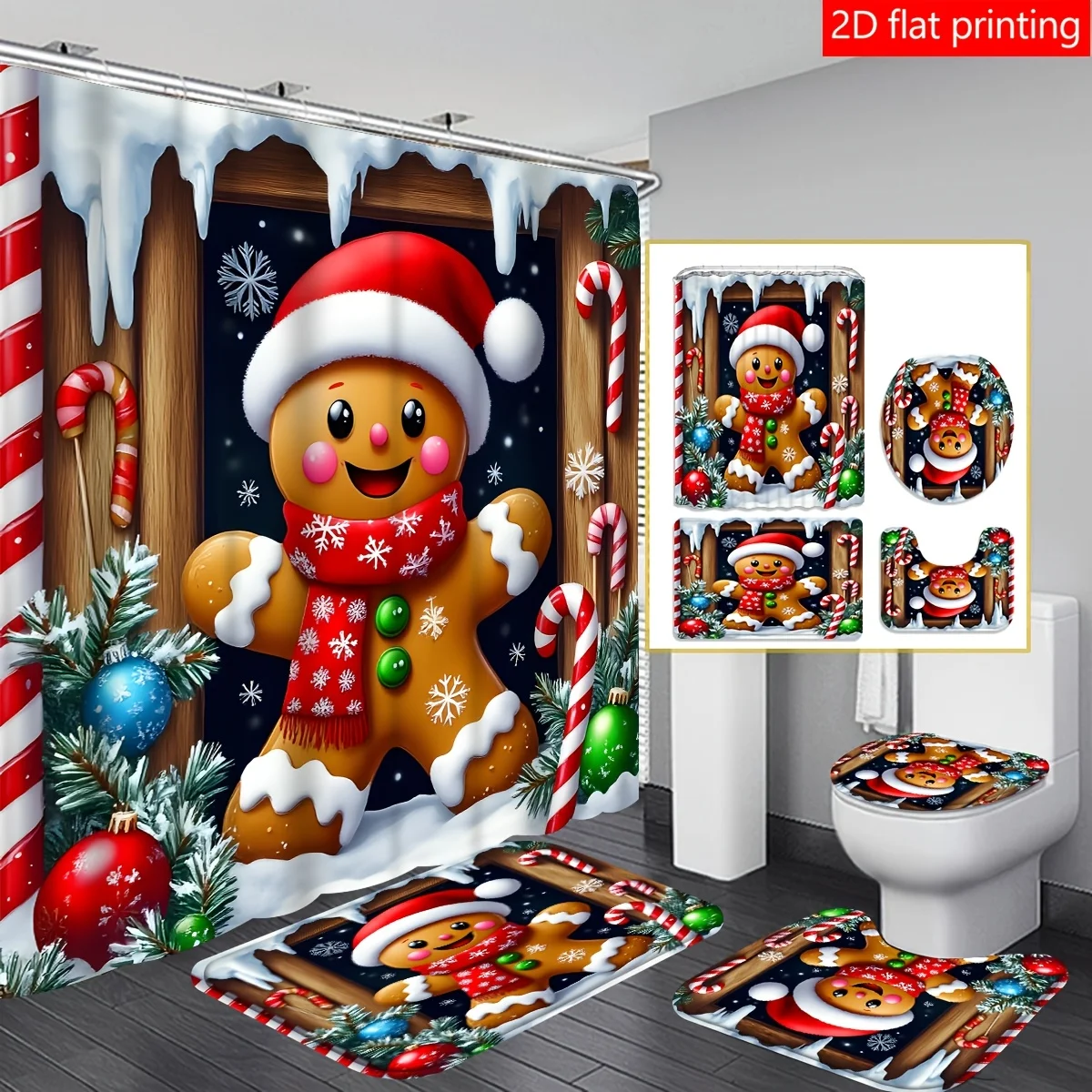 Christmas Gingerbread Man Shower Curtain Set 4Pcs, Xmas Candy Cane Snowflake Print Bathroom Curtain with Non-Slip Rug