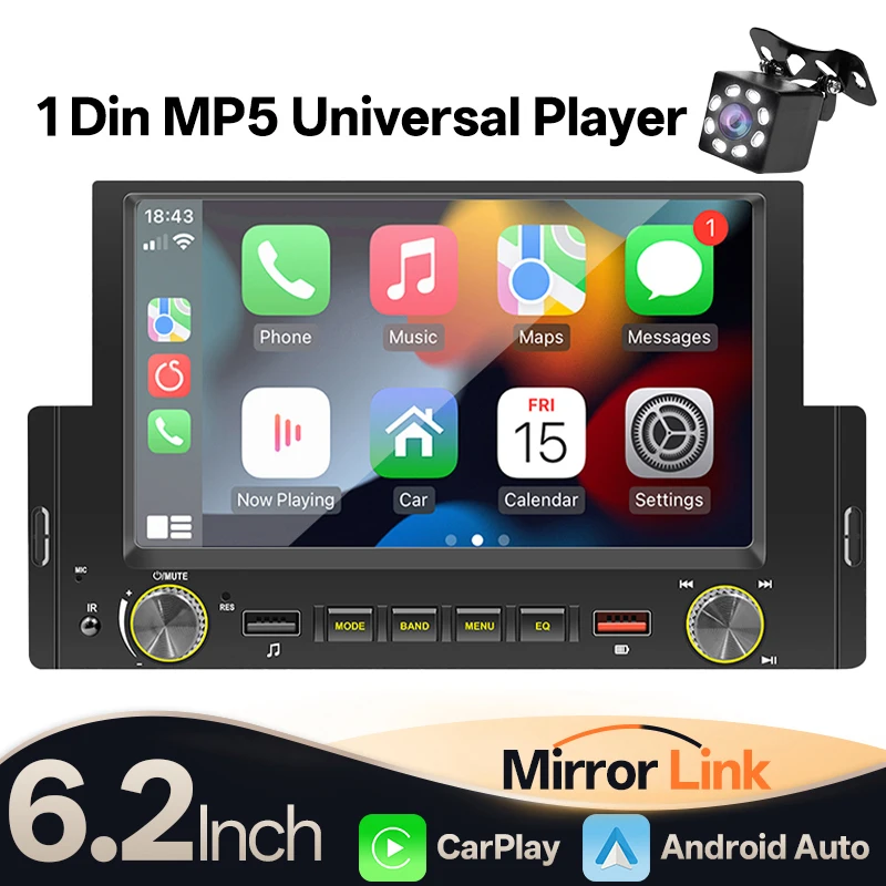 

Автомагнитола Hippcron 1DIN 6.2 дюйма с HD-экраном, мультимедийный MP5-плеер, FM-радио, проводной CarPlay, Android Auto, Mirror Link, универсальная автомобильная аудиосистема