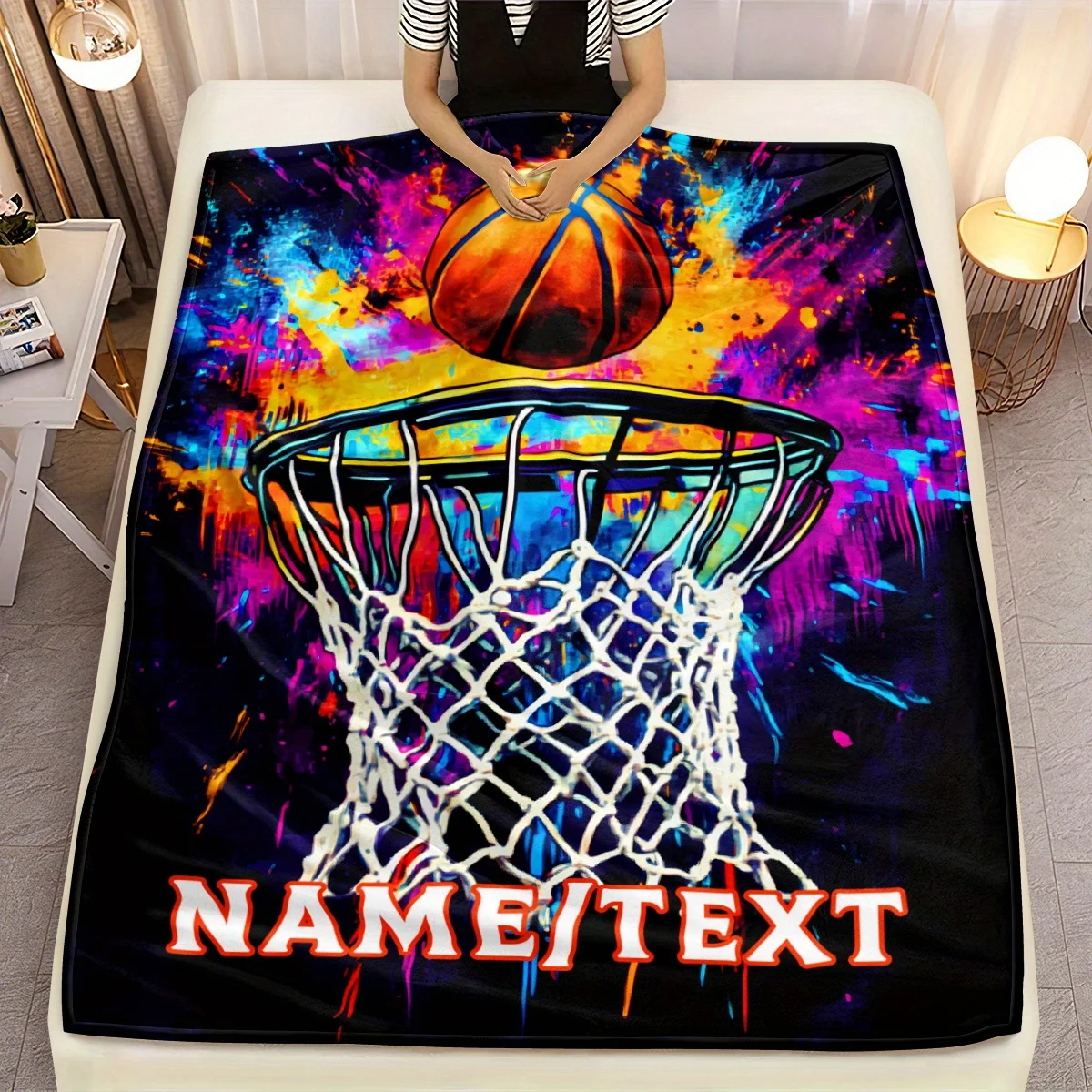 Customized Name Blanket, Light Fantasy Basketball Shooting Action Lightweight Flannel, Soft and Warm, Digital Printing, Mixed Co