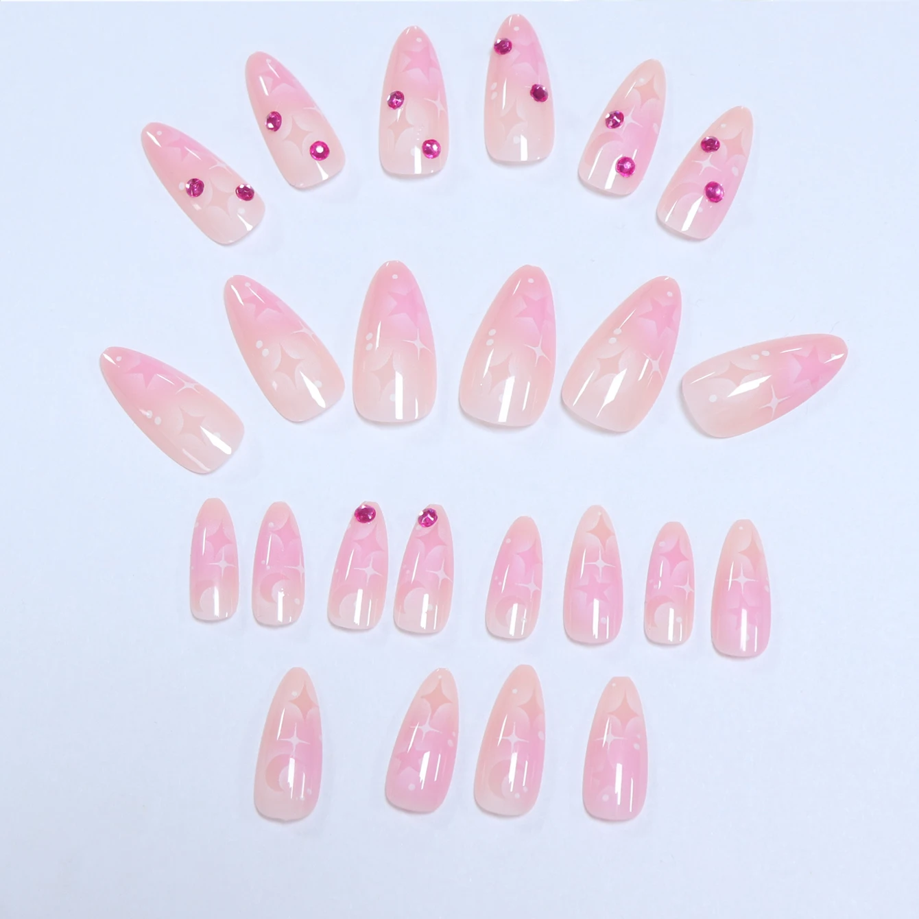 Upgrade Your Look With 24pcs Pink Medium Long Almond  Five-pointed star, the moon Full Cover Fake Nail Set Shiny red rhinestones