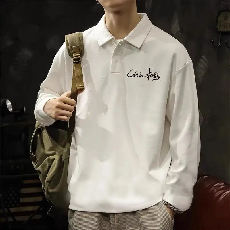 Men's Long Sleeve Polo Shirt Japanese Style Loose Fit Base Layer Tshirt Teen Casual Spring Fall Tops